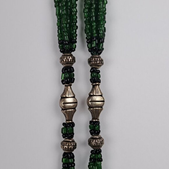 Long Multi Strand Green Glass Seed Bead Necklace w/ Silver Tone Beads - Picture 5 of 16